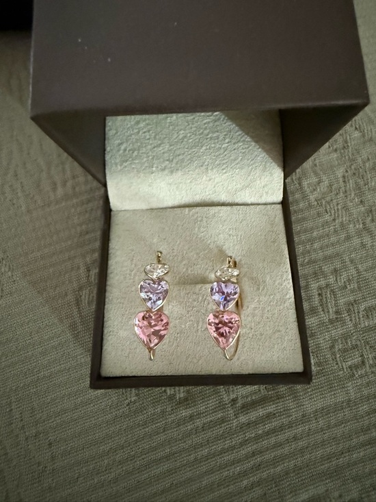 Jewelry - 14kt Gold Heart Drop Earrings with Pink and Lavender Stones